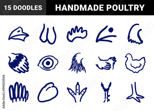 Hand-drawn chicken anatomy and poultry elements for rustic farming identity. Naive marker sketch doodles featuring farm bird body parts.