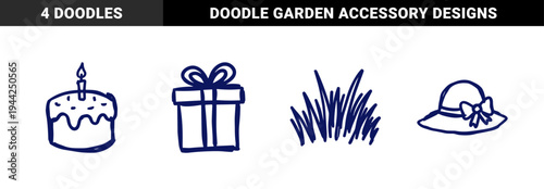 Hand-drawn birthday celebration and outdoor accessories for organic branding. Naive marker sketch cake, gift, grass, and sun hat elements.