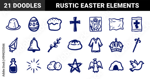 Orthodox Easter and Christian religious elements in naive doodle style. Crude marker sketch featuring cross, angel, dove, and traditional food.