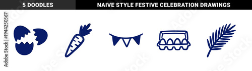 Hand-drawn Easter holiday elements in a rustic blue ink style. Naive marker sketch illustrations featuring eggs, carrot, bunting, and palm leaf.