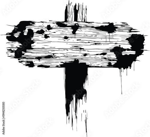 Grunge wooden signboard illustration, distressed wood plank sign with paint splatter texture, rustic blank board vector design