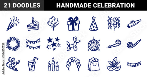 Hand-drawn celebration and party elements in a crude marker sketch style. Rustic, naive doodle illustrations for festive event branding and birthdays.