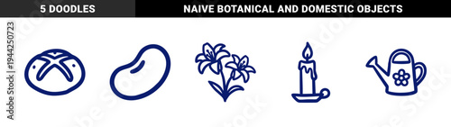 Hand-drawn botanical and lifestyle elements featuring a lily flower, bean, artisan bread, lit candle, and watering can in a rustic navy blue doodle style.