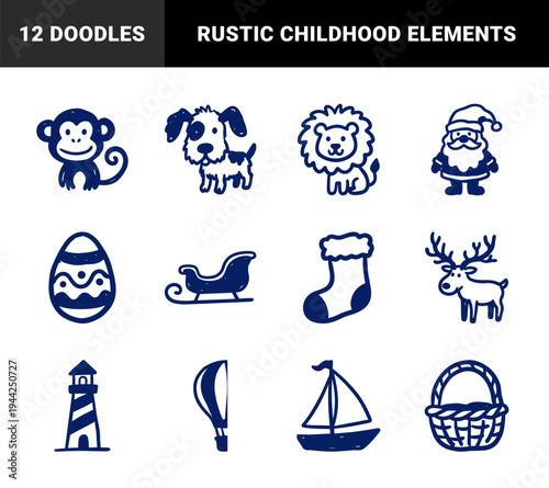 Hand-drawn whimsical doodle elements for childhood memories and seasonal celebrations. Naive marker sketch illustrations featuring animals, Christmas, and travel concepts.