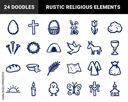 Easter and Holy Week hand-drawn elements with rustic Christian religious symbols. Naive marker sketch illustrations for seasonal church branding and holiday stationery.