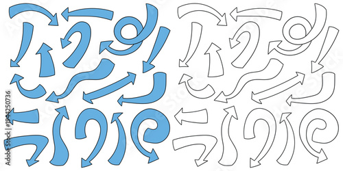 Hand-drawn cartoon and doodle set of arrows on a white background.