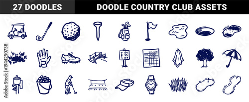 Hand-drawn golf equipment and country club elements for athletic branding. Rustic naive marker sketch illustrations featuring golf course lifestyle.