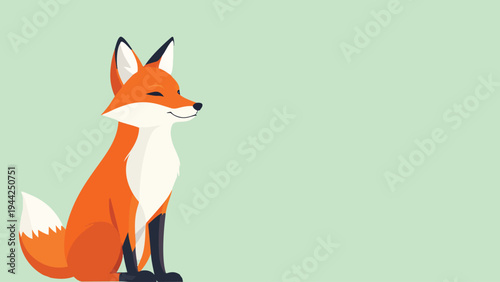 Minimalist vector illustration of a cute red fox sitting calmly with a smiling expression, flat design style with soft colors, wildlife animal character isolated on a light green background.