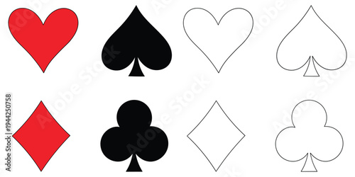 Hand-drawn cartoon and doodle set of suite deck playing cards on a white background.