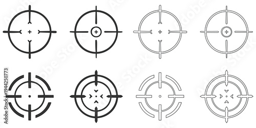 Hand-drawn cartoon and doodle set of target aim crosshairs on a white background.
