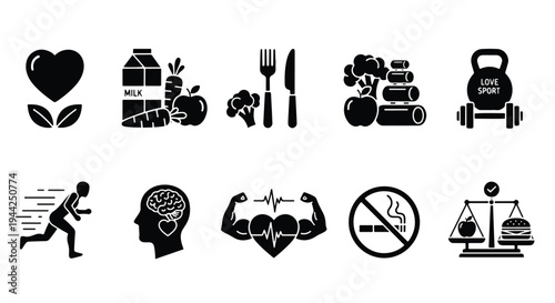 Healthy Lifestyle Flat Icon Set for Fitness and Nutrition - Minimalist, flat icon, outline, glyph, linear, clipart, sticker - Vector icon set - Glyph icon