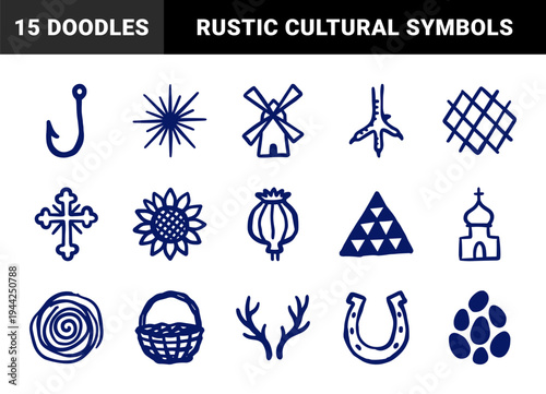 Hand-drawn rustic folklore and traditional symbols for organic brand identity. Naive marker sketch illustrations featuring cultural heritage and rural life concepts.