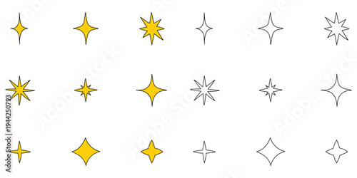 Hand-drawn cartoon and doodle set of sparkling stars on a white background.