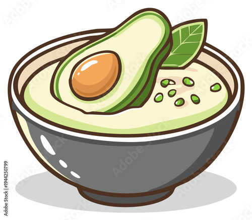 Cartoon bowl with avocado halves and green herbs floating in thick creamy broth, healthy meal, organic ingredients.