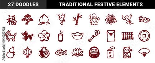 Traditional East Asian cultural symbols and lunar new year motifs. Rustic hand-drawn red marker sketches featuring lucky charms and festive elements.