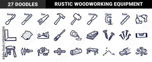 Hand-drawn woodworking tools and carpentry equipment for rustic DIY branding. Naive marker sketch illustrations of saws, hammers, and timber.