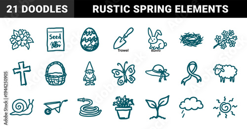 Hand-drawn spring garden and Easter elements for organic brand identity. Rustic naive marker sketch illustrations featuring seasonal nature concepts.