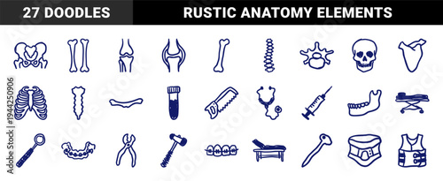 Hand-drawn orthopedic and dental medical elements for healthcare branding. Naive blue marker sketch illustrations of bones and surgical tools.