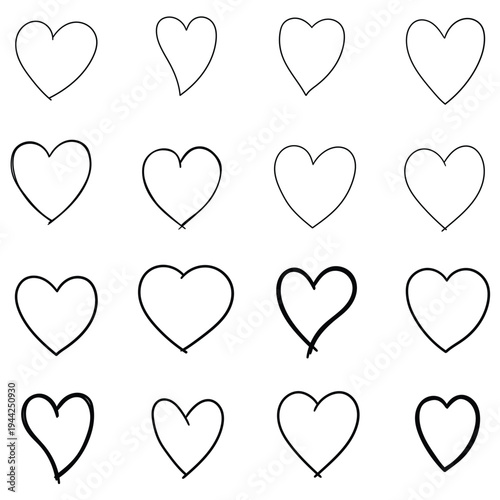 Hand-drawn doodle set of hearts on a white background.