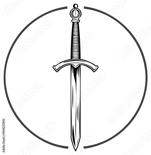 Powerful medieval knight's sword vector illustration inside an elegant incomplete circle