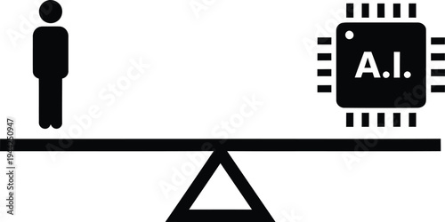 Black silhouette of a human figure and AI microchip on a seesaw representing the balance between human and artificial intelligence featuring an AI circuit silhouette style icon design AI Generative
