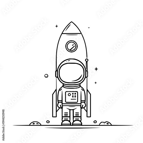 Astronaut standing in front of a rocket ship on a planetary surface with stars and moons