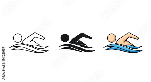 Minimalist Swimming Icons Set with Diverse Styles - Minimalist, flat icon, outline, glyph, linear, clipart, sticker - Vector icon set - Glyph icon