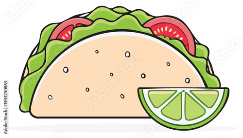 Illustration of a colorful taco filled with lettuce and tomatoes served with a lime slice. Delicious Mexican food