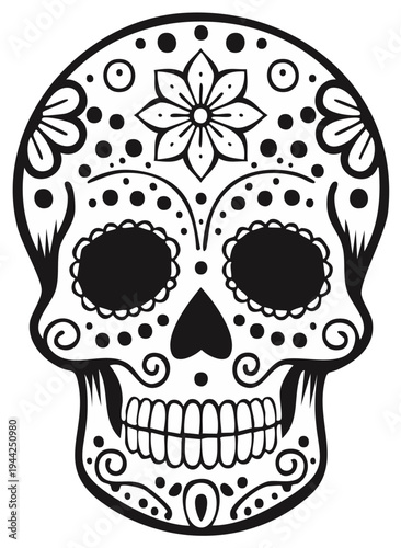 Intricate Black and White Sugar Skull Decorated with Flowers and Swirls