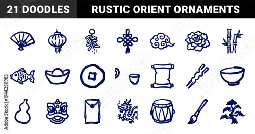 Traditional Chinese cultural symbols in a rustic hand-drawn doodle style. Naive marker sketch illustrations of lunar new year and orient ornaments.