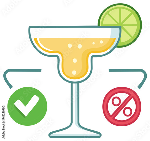 Margarita cocktail glass with lime garnish and approval denial symbols for choice