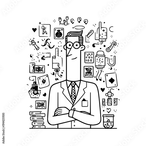 A bespectacled man in a lab coat surrounded by various scientific and medical icons and symbols in a thoughtful pose