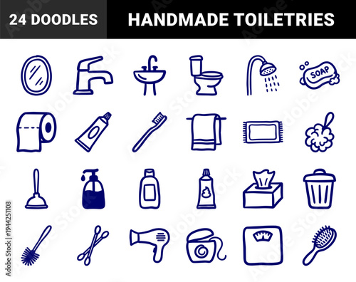 Bathroom and personal hygiene elements for organic brand identity. Naive blue marker sketch illustrations featuring home morning routine concepts.