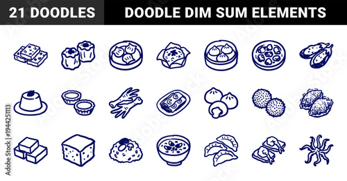 Dim sum and Chinese brunch elements for organic brand identity. Rustic, naive marker sketch illustrations featuring traditional Cantonese food concepts.