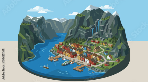 Isometric illustration depicting a scenic fjord village with colorful houses nestled between mountains and a blue fjord, creating a picturesque and inviting atmosphere.