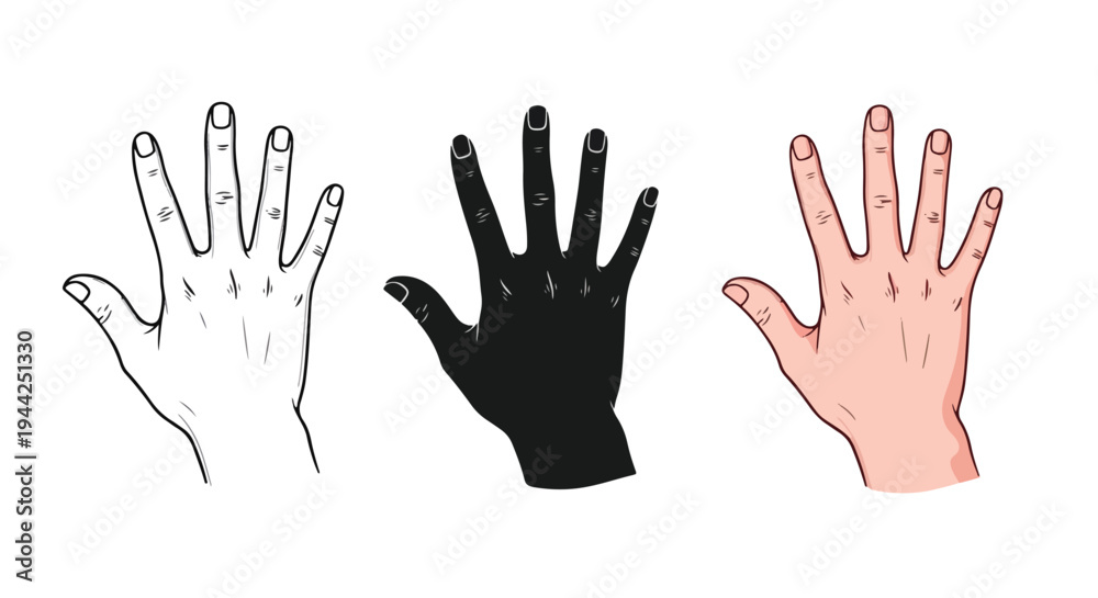 Fototapeta premium Minimalist Hand Icon Set in Three Colors for UI Design - Minimalist, flat icon, outline, glyph, linear, clipart, sticker - Vector icon set - Glyph icon