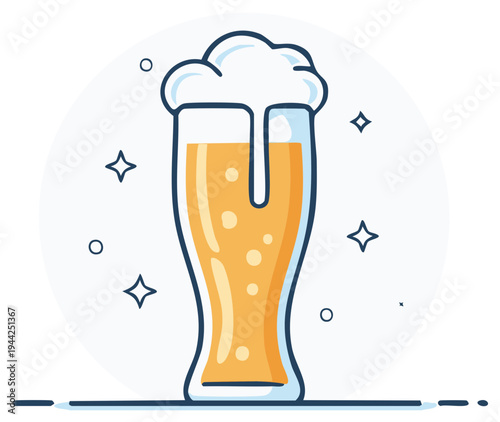 Refreshing Beer Mug with Frothy Head and Bubbles, Celebration Illustration