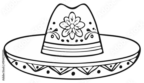 Mexican Sombrero Hat Black and White Outline Icon Traditional Cinco De Mayo Fiesta