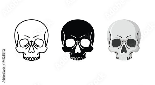 Minimalist Skull Icons Set in Black White Gray Vector Style - Minimalist, flat icon, outline, glyph, linear, clipart, sticker - Vector icon set - Glyph icon