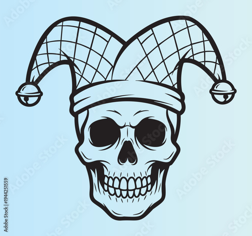 Cartoon skull wearing a colorful jester hat illustration