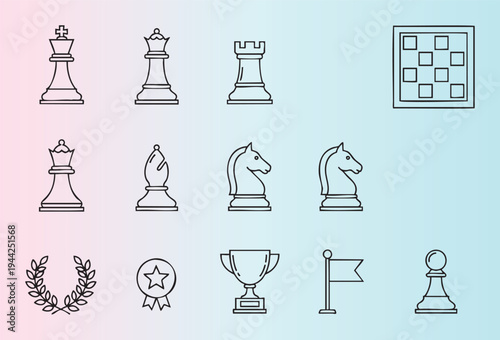 Chess pieces and tournament icons set isolated on pastel background