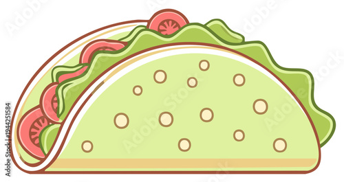 Vibrant Cartoon Taco Illustration Featuring Fresh Lettuce and Ripe Tomatoes Delicious Mexican Inspired Food