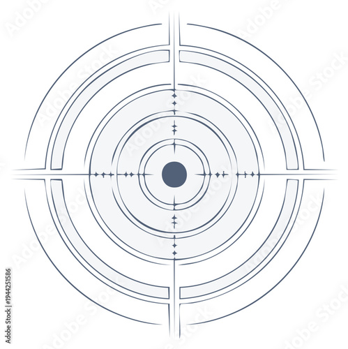 Abstract illustration of a target reticle or crosshair, with concentric circles, and lines.