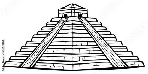 Ancient stepped pyramid illustration. Black and white drawing of a historic architectural landmark.
