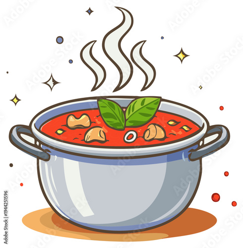 Steaming pot of delicious tomato soup with basil and vegetables served hot