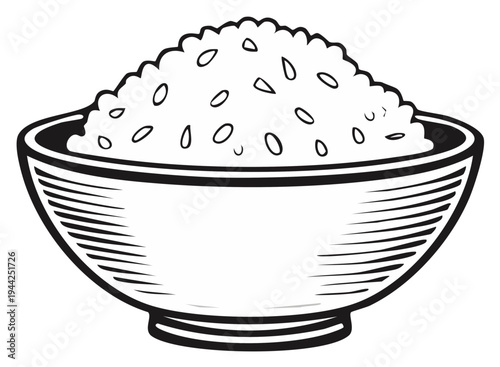 Stylized bowl of cooked rice illustration Asian cuisine staple, drawing of grain product in a dish, black and white image