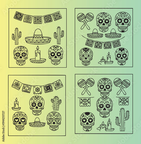 Colorful dia de los muertos icons and decorations in flat style