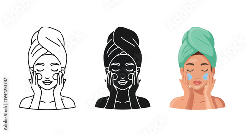 Skincare Routine Icons with Turban Towel Set - Minimalist, flat icon, outline, glyph, linear, clipart, sticker - Vector icon set - Glyph icon