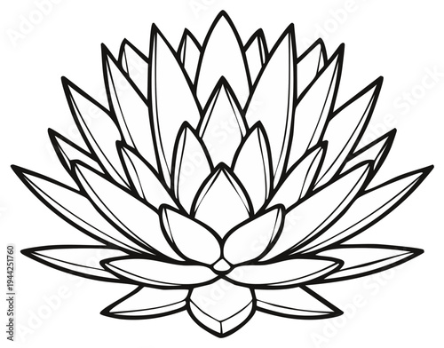 Stylized lotus flower illustration with symmetrical pointed petals, minimalist outline drawing for coloring book or graphic design element