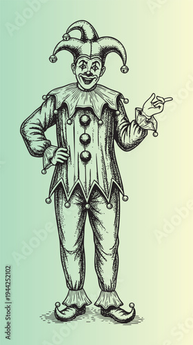 Illustrationofahappyjesterclownintraditionalcostumeposing